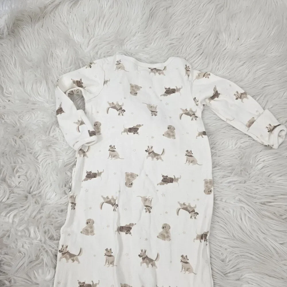 Rabbit Bear White Puppy Print Knot Gown Size 6-9M Months